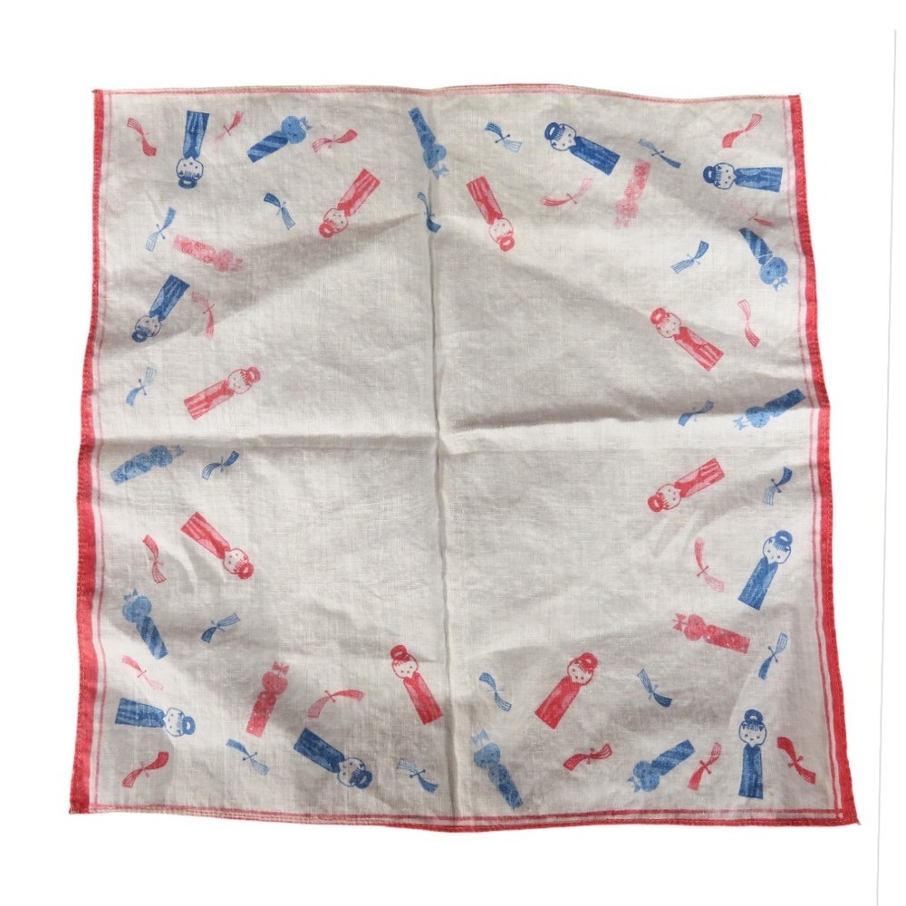 Vintage JAPANESE COTTON Hanky Handkerchief WHITE w/RED-BLUE Figures Children?